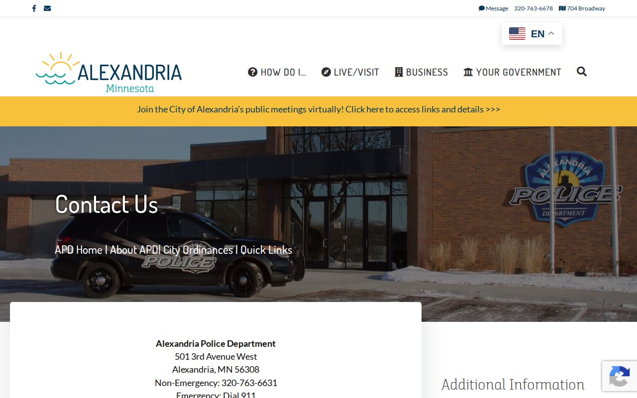 Alexandria Police Department contact page for Douglas County booking-record requests