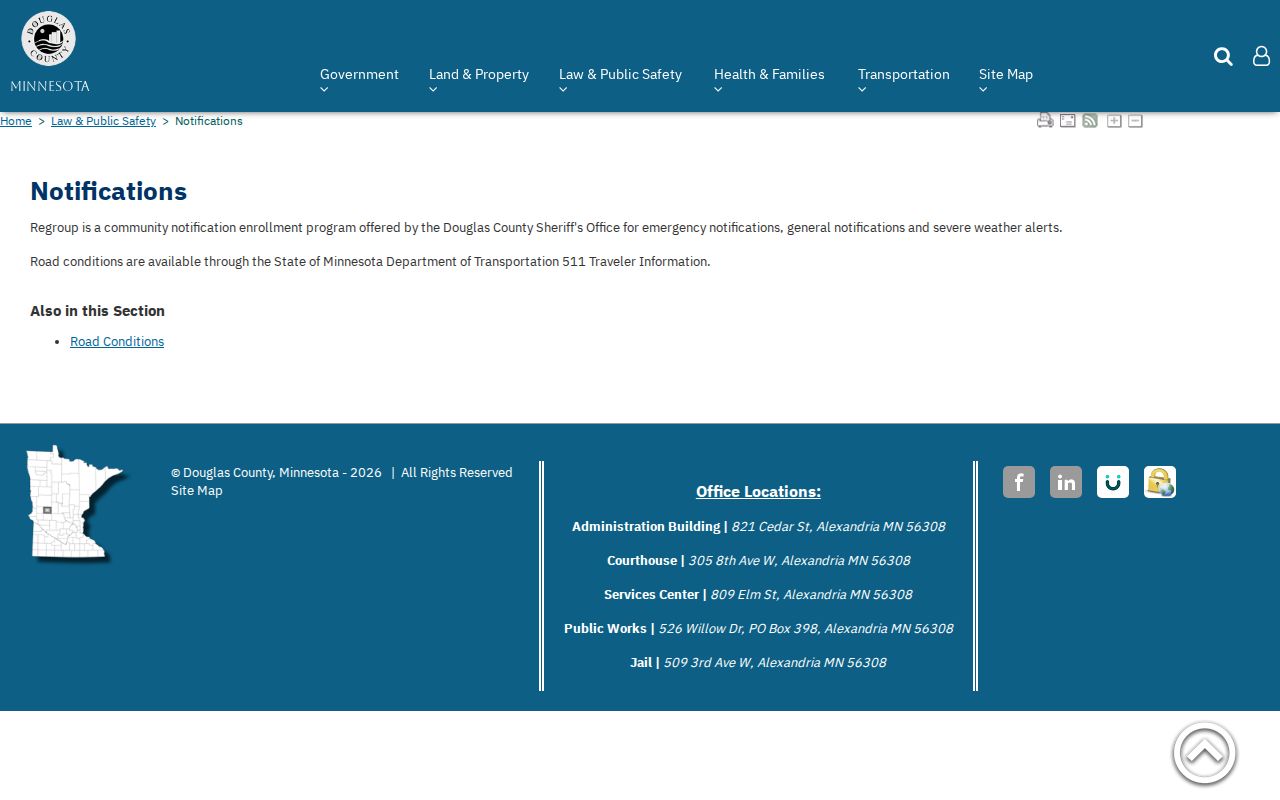 Douglas County notifications page showing public alert options, not booking alerts