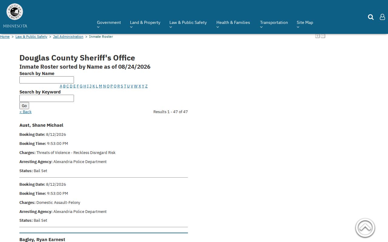Douglas County Jail roster search interface for booking and custody records