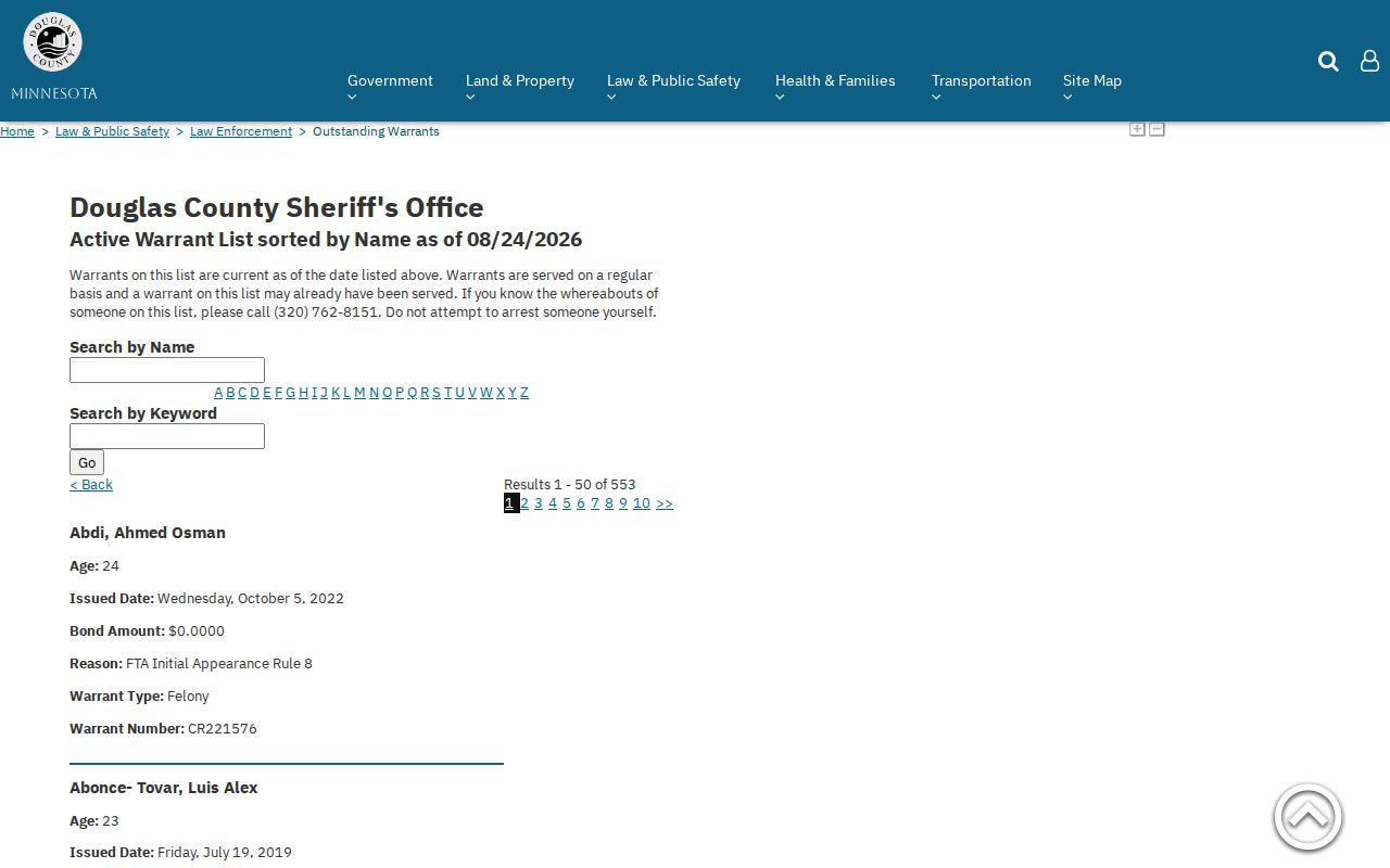 Douglas County warrant record search interface